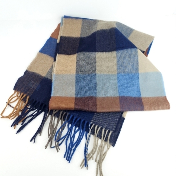 Grant Thomas Cashmere Large Checked Blue and Brown Scarf Unisex - Picture 1 of 11